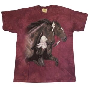 The Mountain Tie-Dye T shirt Size L Horses Diana Beech Burgundy 2004